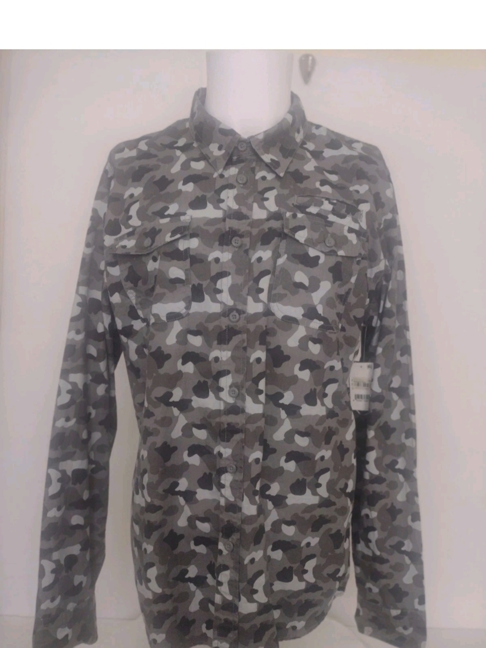 Royal Premium Men's Large Gray Black Camo Utility Button Down Shirt Long Sleeve